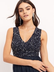 Maya Navy Blue V Neck Sleeveless Sequin Midi Dress - Image 3 of 4