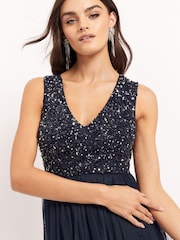 Maya Navy Blue V Neck Sleeveless Sequin Midi Dress - Image 4 of 4