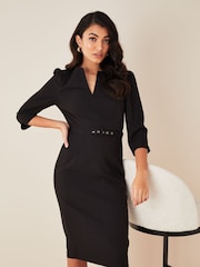 Friends Like These Black V Neck Short Sleeve Belted Tailored Dress - Image 1 of 4