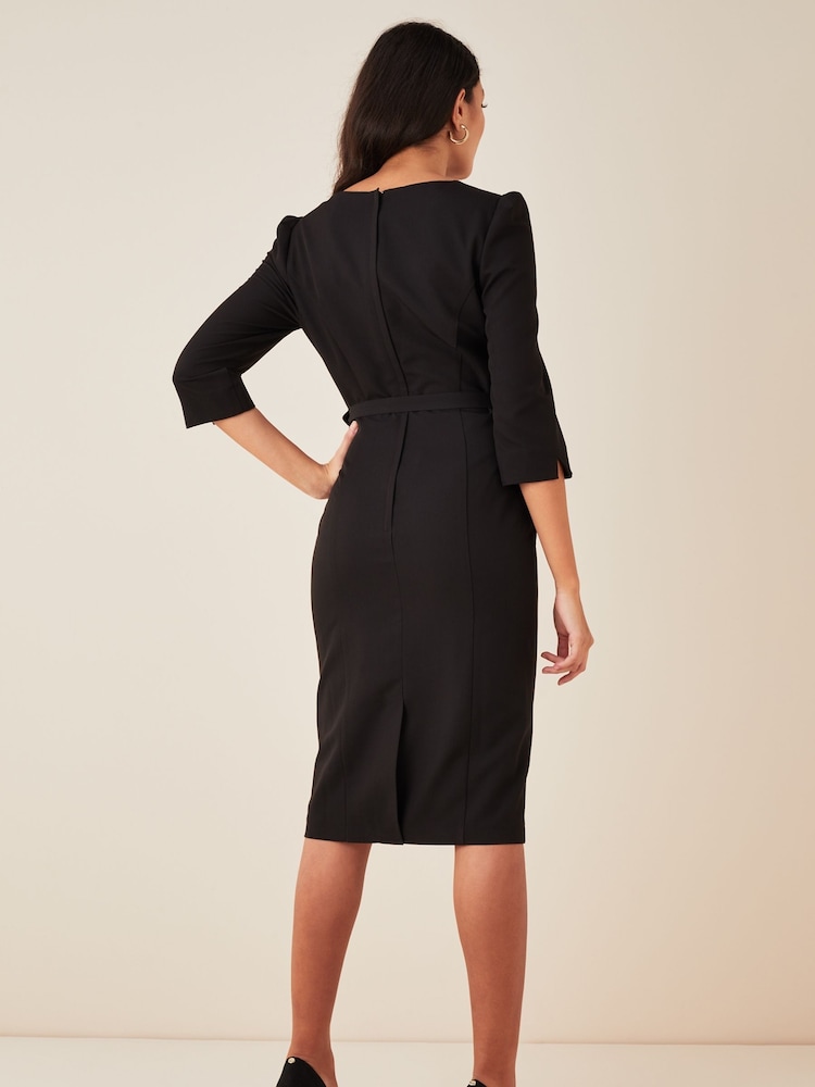 Friends Like These Black V Neck Short Sleeve Belted Tailored Dress - Image 2 of 4