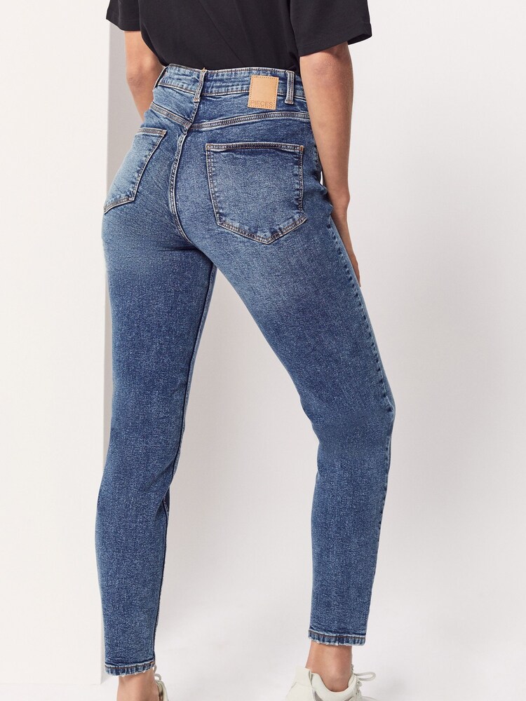 PIECES Blue Distressed High Waisted Mom Jean - Image 1 of 6