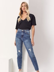 PIECES Blue Distressed High Waisted Mom Jean - Image 2 of 6