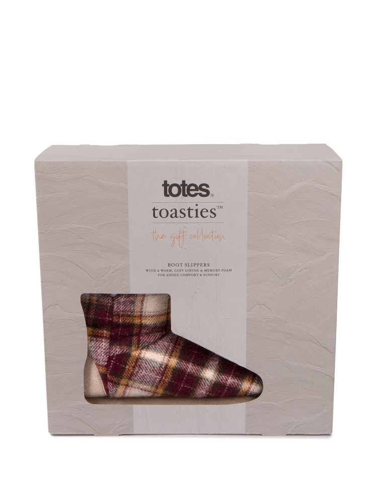 Totes Red Christmas Ladies Tartan Boot Slippers - Image 2 of 5