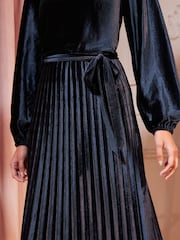 Love & Roses Navy Velvet Hankie Hem Long Sleeve Pleated Midi Dress - Image 2 of 4