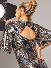 Love & Roses Silver Flutter Sleeve Sequin Empire Mini Dress - Image 3 of 4