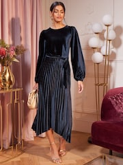Love & Roses Navy Blue Blue Petite Velvet Hankie Hem Long Sleeve Pleated Midi Dress - Image 1 of 4
