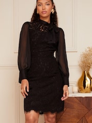 Love & Roses Black Chiffon Tie Neck Long Sleeve Mix Lace Sheer Mini Dress - Image 1 of 4