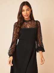 Friends Like These Black Lace Yoke Mini Long Sleeve Dress - Image 1 of 4