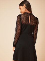 Friends Like These Black Lace Yoke Mini Long Sleeve Dress - Image 2 of 4