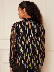 Love & Roses Black Petite Twist Neck Metallic Long Sleeve Jacqaurd Blouse - Image 2 of 4