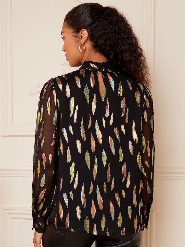 Love & Roses Black Petite Twist Neck Metallic Long Sleeve Jacqaurd Blouse - Image 2 of 4