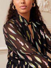 Love & Roses Black Petite Twist Neck Metallic Long Sleeve Jacqaurd Blouse - Image 4 of 4