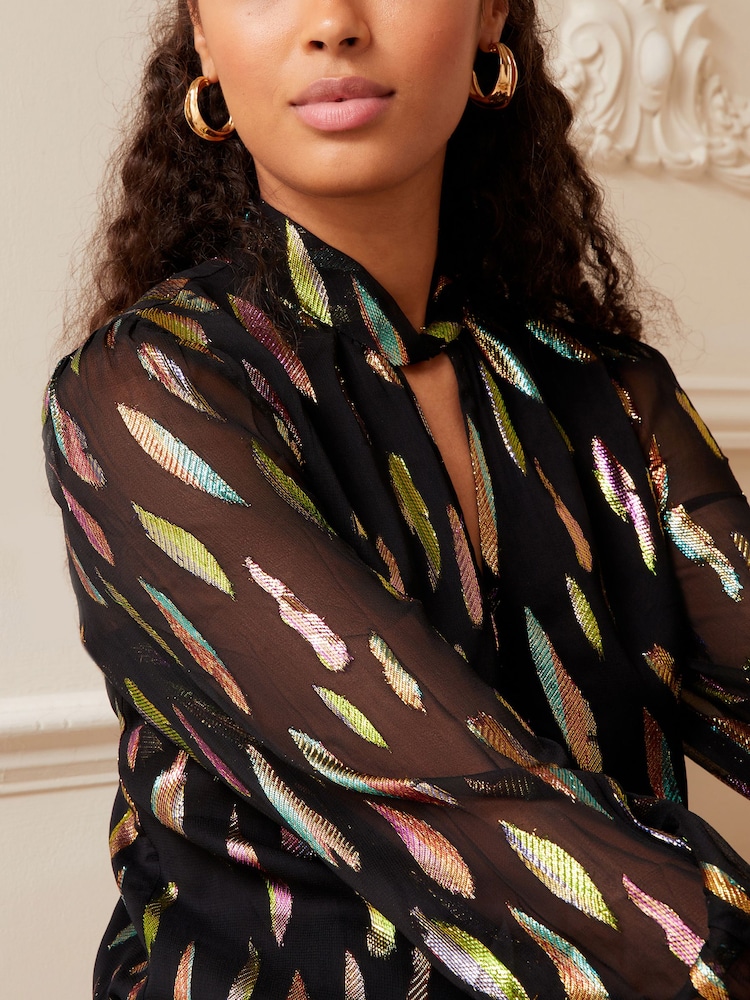 Love & Roses Black Petite Twist Neck Metallic Long Sleeve Jacqaurd Blouse - Image 4 of 4