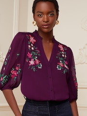 V&A | Love & Roses Berry Red Floral Embroidered Ruffle V Neck Button Through Blouse - Image 1 of 4