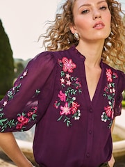 V&A | Love & Roses Berry Red Floral Embroidered Ruffle V Neck Button Through Blouse - Image 2 of 4