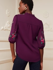 V&A | Love & Roses Berry Red Floral Embroidered Ruffle V Neck Button Through Blouse - Image 3 of 4
