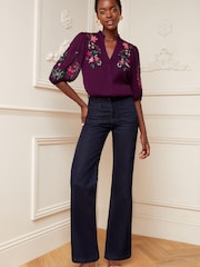 V&A | Love & Roses Berry Red Floral Embroidered Ruffle V Neck Button Through Blouse - Image 4 of 4