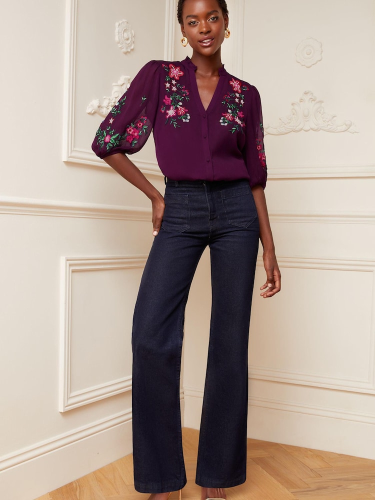 V&A | Love & Roses Berry Red Floral Embroidered Ruffle V Neck Button Through Blouse - Image 4 of 4