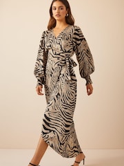 Friends Like These Camel Zebra Satin Wrap Midi Dress - Image 1 of 4