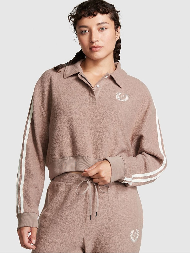 Victoria's Secret PINK Iced Coffee Brown Reverse Fleece Polo Sweatshirt - Image 1 of 4