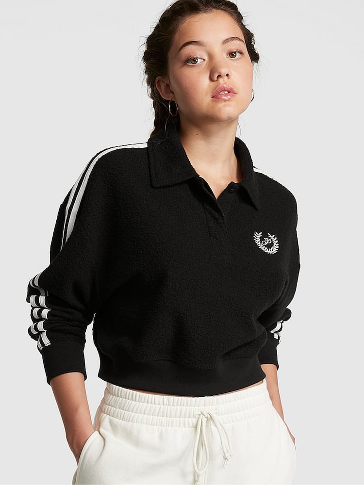 Victoria's Secret PINK Pure Black Reverse Fleece Polo Sweatshirt - Image 1 of 1 Victoria's Secret PINK Pure Black Reverse Fleece Polo Sweatshirt - Image 1 of 1