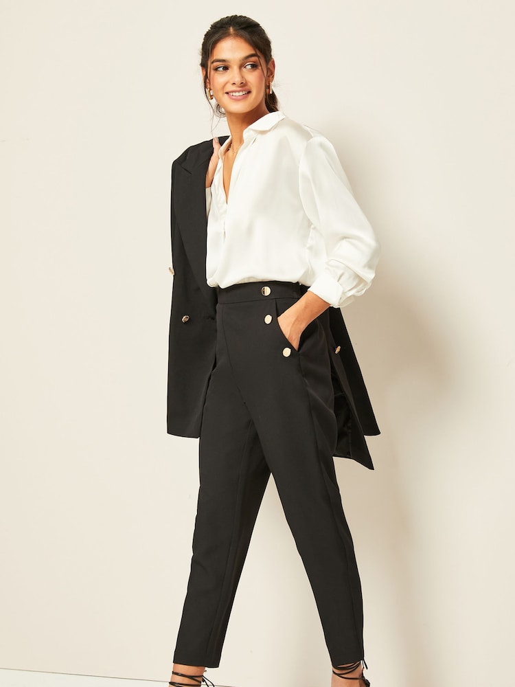 Friends Like These Black Button Waist Tailored Tapered Trousers - Image 3 of 4