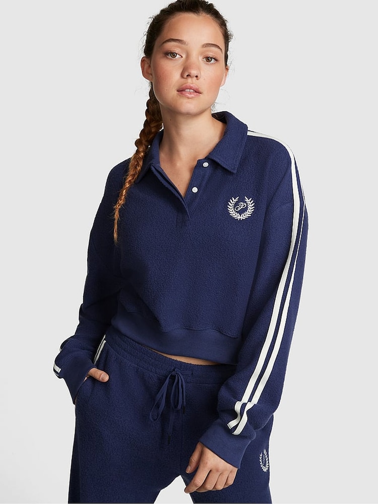Victoria's Secret PINK Midnight Navy Blue Reverse Fleece Polo Sweatshirt - Image 1 of 3