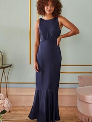 Love & Roses Navy Cowl Back Satin Bridesmaid Maxi Dress - Image 1 of 1