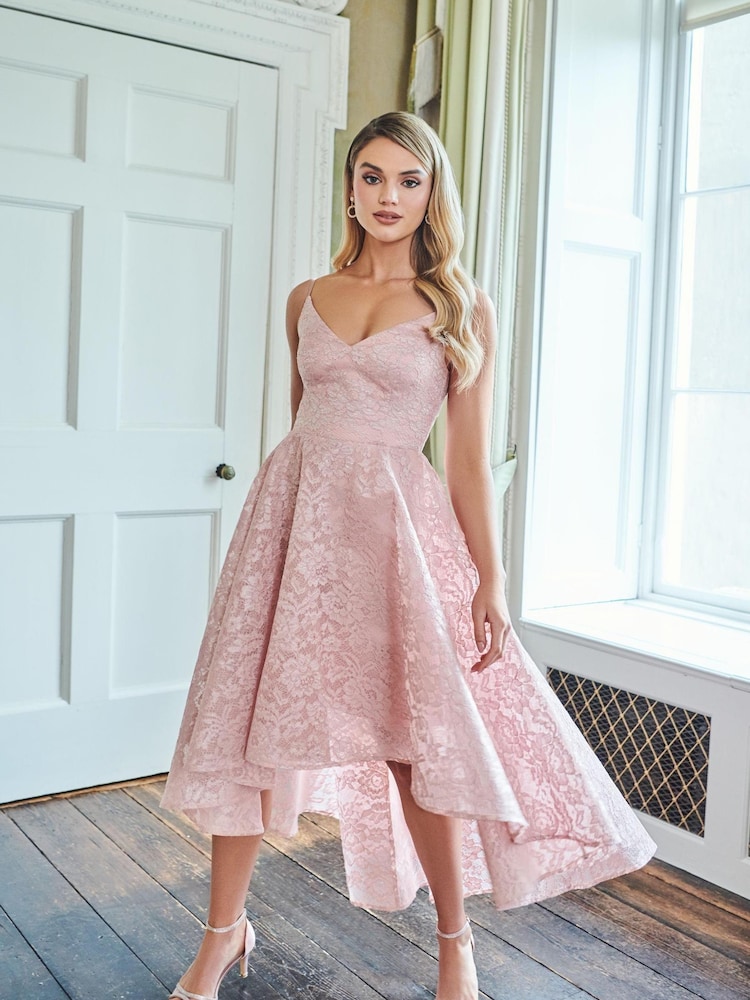Quiz Pink Lace Strappy V Neck Dip Hem Dress - Image 1 of 5