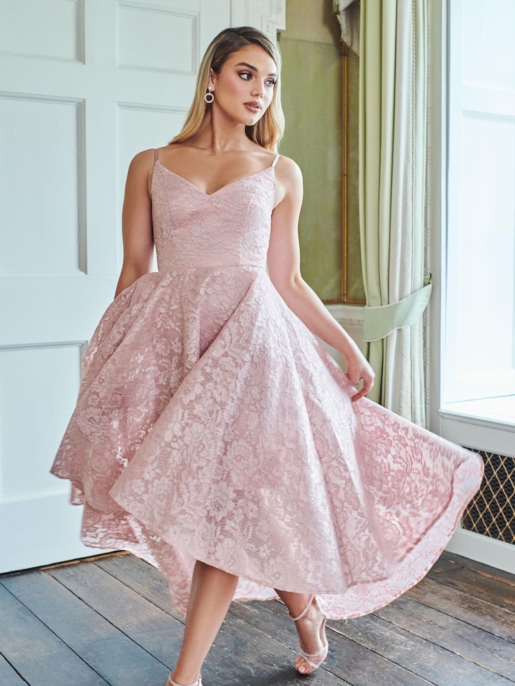Quiz Pink Lace Strappy V Neck Dip Hem Dress - Image 2 of 5