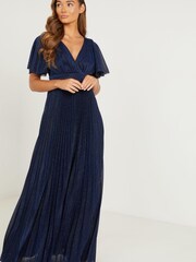 Quiz Blue Pleated Wrap Maxi Dress with Angelic Sleeves - Image 1 of 7