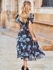 Sosandar Black Floral Print Mesh Wrap Dress - Image 3 of 4