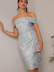 Chi Chi London Light Blue Bardot Floral Jacqaurd Mid Dress - Image 3 of 4