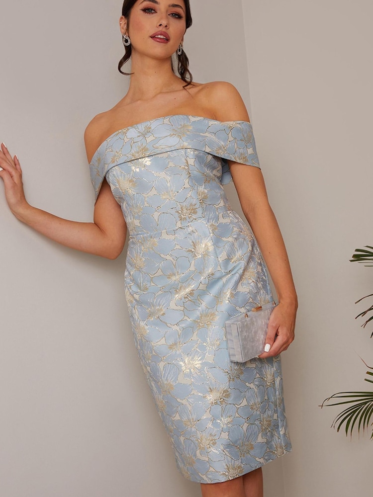 Chi Chi London Light Blue Bardot Floral Jacqaurd Mid Dress - Image 3 of 4