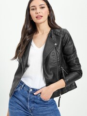 Vero Moda Black Collarless Faux Leather Biker Jacket - Image 1 of 5