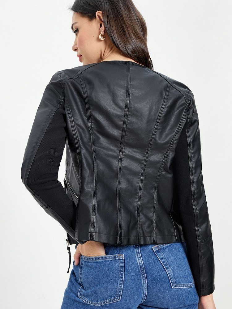 Vero Moda Black Collarless Faux Leather Biker Jacket - Image 2 of 5