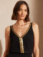 Love & Roses Black and Gold V Neck V Back Woven Vest - Image 1 of 4