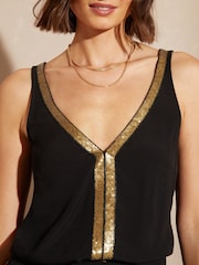 Love & Roses Black and Gold V Neck V Back Woven Vest - Image 2 of 4
