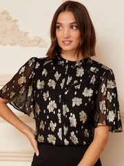 Love & Roses Black Petite Metallic High Neck Flutter Sleeve Top - Image 1 of 4