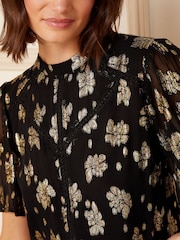 Love & Roses Black Petite Metallic High Neck Flutter Sleeve Top - Image 2 of 4