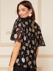 Love & Roses Black Petite Metallic High Neck Flutter Sleeve Top - Image 3 of 4