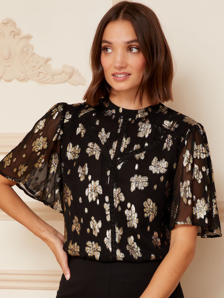 Love & Roses Black Metallic High Neck Flutter Sleeves Top - Image 1 of 4 Love & Roses Black Metallic High Neck Flutter Sleeves Top - Image 1 of 4