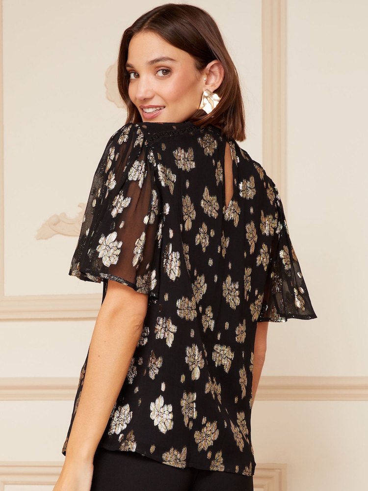 Love & Roses Black Metallic High Neck Flutter Sleeves Top - Image 2 of 4 Love & Roses Black Metallic High Neck Flutter Sleeves Top - Image 2 of 4