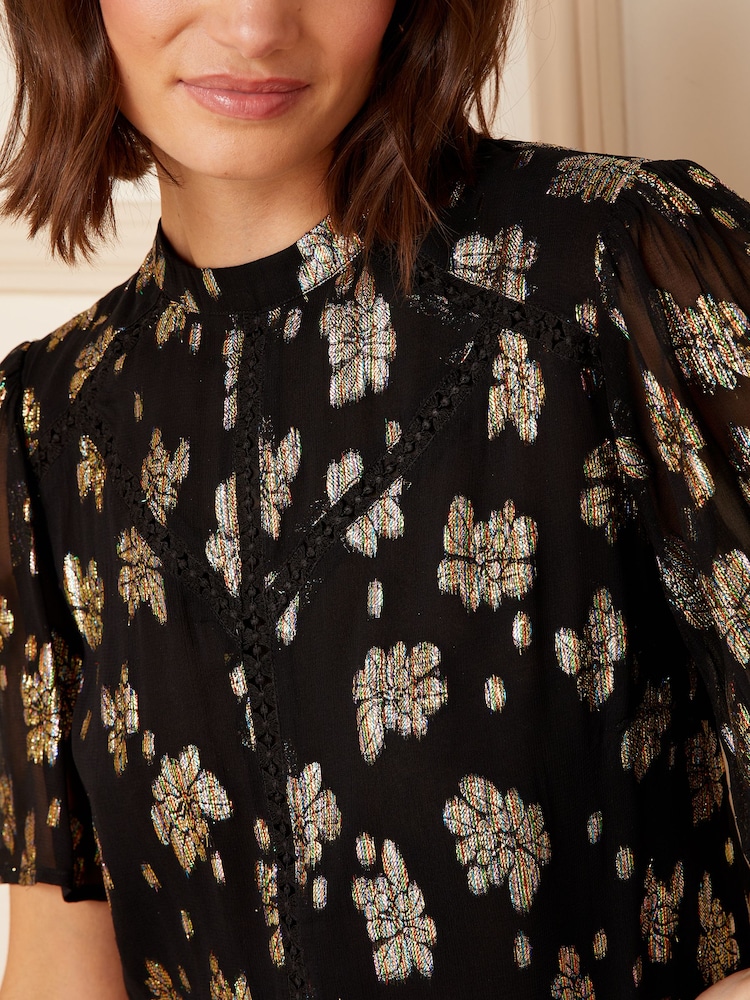 Love & Roses Black Metallic High Neck Flutter Sleeves Top - Image 4 of 4 Love & Roses Black Metallic High Neck Flutter Sleeves Top - Image 4 of 4