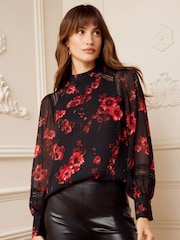 Love & Roses Black Floral Petite High Neck Lace Trim Long Sleeve Blouse - Image 1 of 4