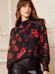 Love & Roses Black Floral High Neck Lace Trim Long Sleeve Blouse - Image 1 of 4