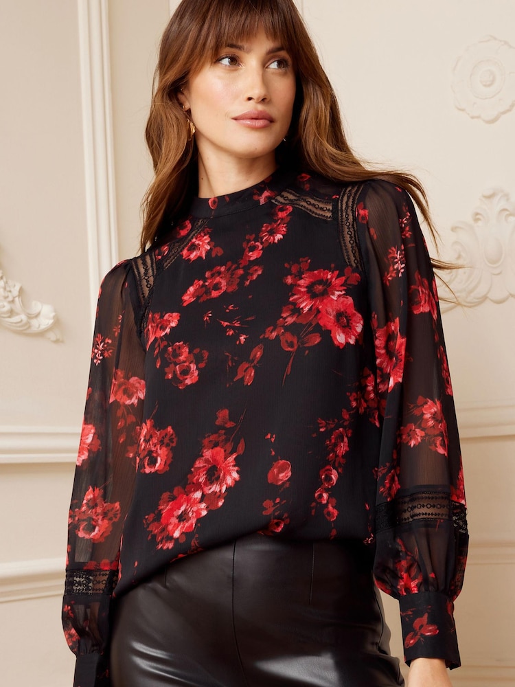 Love & Roses Black Floral High Neck Lace Trim Long Sleeve Blouse - Image 1 of 4