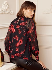 Love & Roses Black Floral High Neck Lace Trim Long Sleeve Blouse - Image 3 of 4