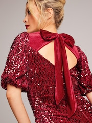 Love & Roses Berry Red Petite Short Sleeve Empire Velvet Sequin Midi Dress - Image 2 of 4
