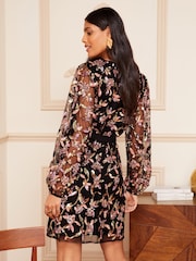 Love & Roses Black Embellished Long Mesh Sleeve Belted Mini Dress - Image 3 of 4